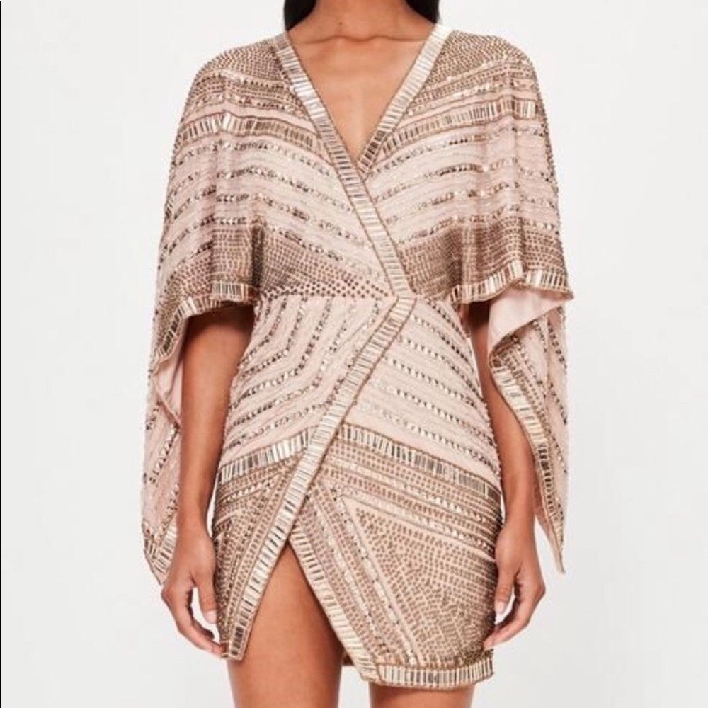 Missguided‎ Peace + Love Embellished Beaded Mini Dress Nude Gold Bodycon